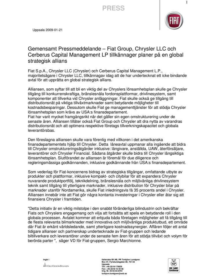 Gemensamt pressmeddelande Fiat - Chrysler