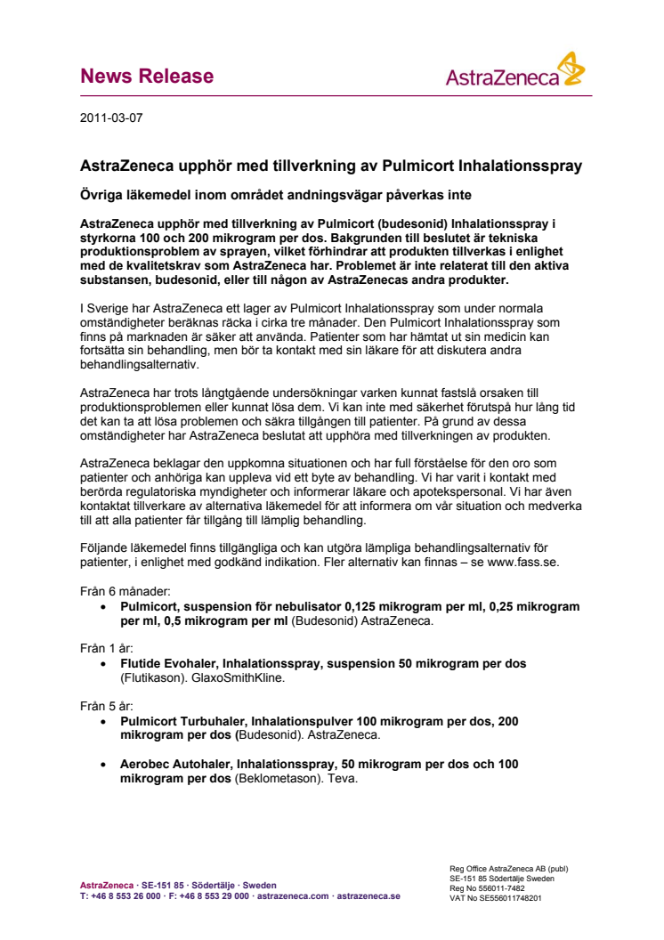 AstraZeneca upphör med tillverkning av Pulmicort Inhalationsspray