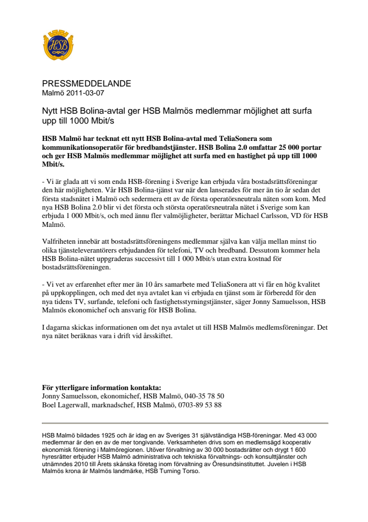 Nytt HSB Bolina-avtal ger HSB Malmös medlemmar möjlighet att surfa upp till 1000 Mbit/s 