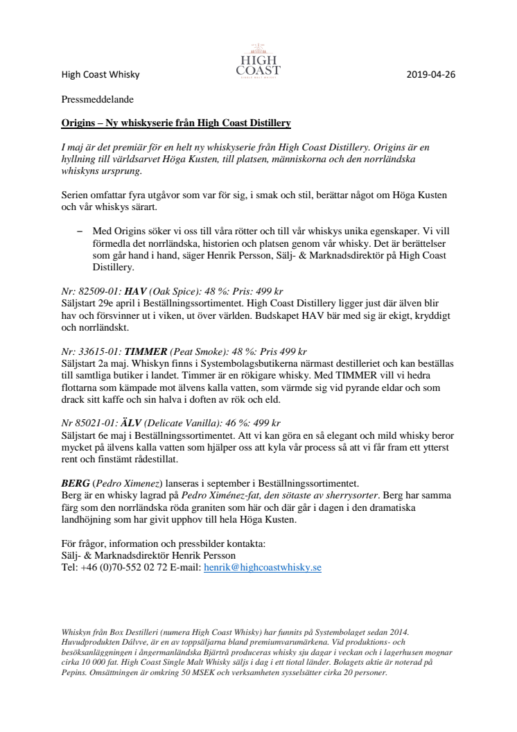 Origins – Ny whiskyserie från High Coast Distillery