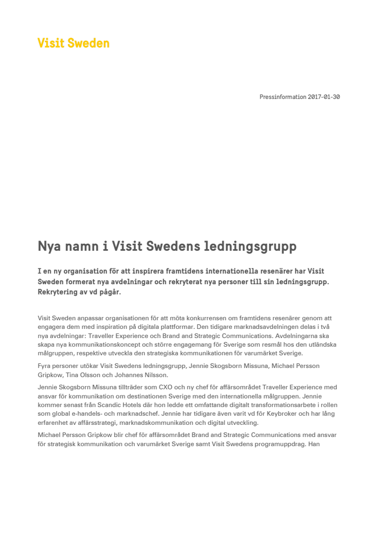 Nya namn i Visit Swedens ledningsgrupp