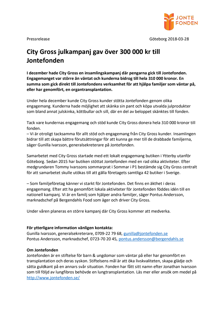 City Gross julkampanj gav över 300 000 kr till Jontefonden