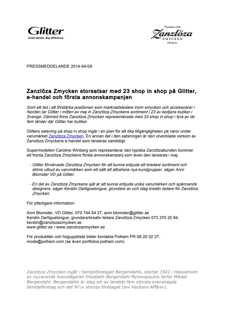 Zanzlöza Zmycken storsatsar med 23 shop in shop på Glitter, e-handel och första annonskampanjen