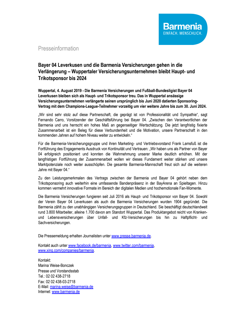 Bayer 04 Leverkusen und die Barmenia Versicherungen gehen in die Verlängerung – Wuppertaler Versicherungsunternehmen bleibt Haupt- und Trikotsponsor bis 2024