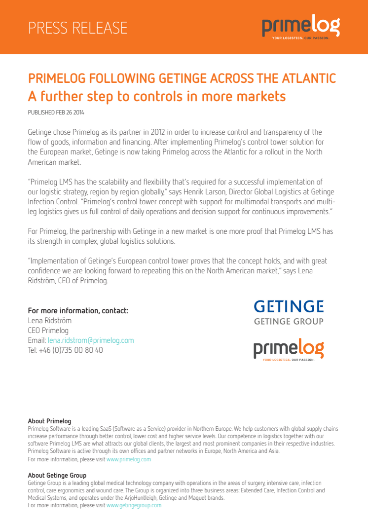 Primelog following Getinge across the Atlantic - a further step to controls in more markets