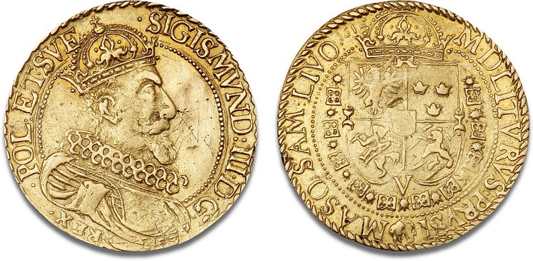 Sigismund III, 1587-1632, 5 dukat 1612. Hammerslag: 350.000 kr.
