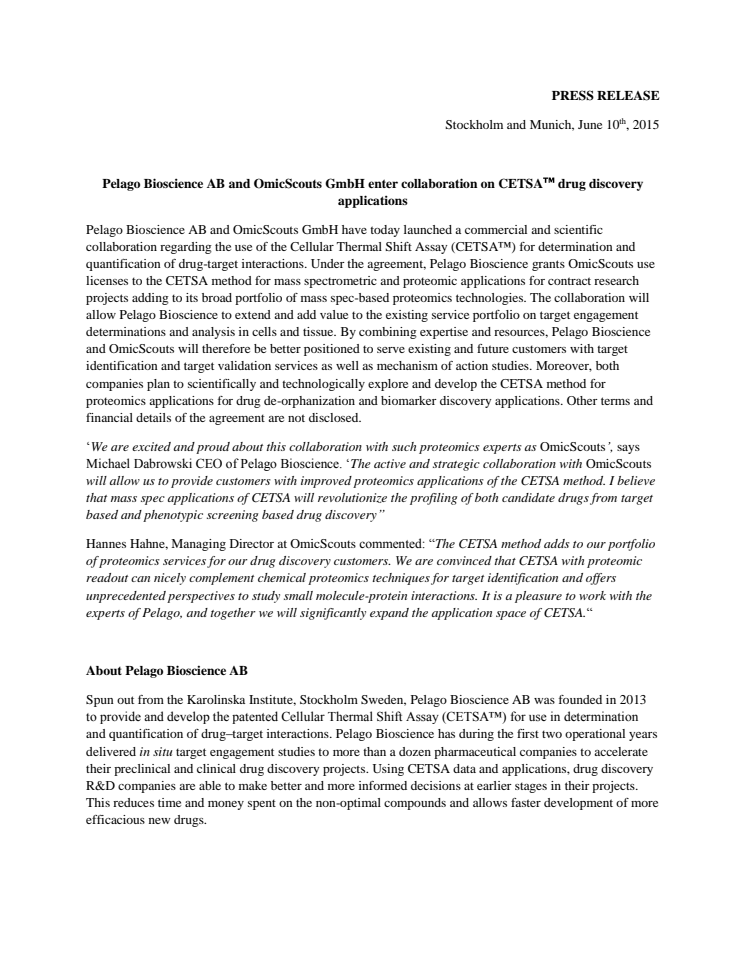 Pelago Bioscience AB and OmicScouts GmbH enter collaboration on CETSA™ drug discovery applications