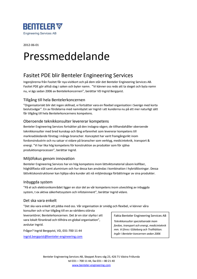 Fasitet PDE blir Benteler Engineering Services