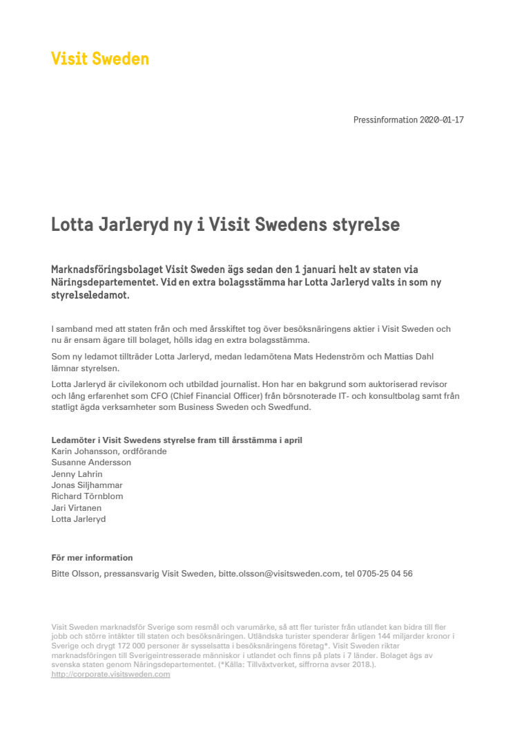 Lotta Jarleryd ny i Visit Swedens styrelse 