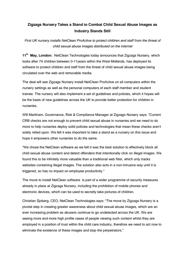 Zigzags Nursery Takes a Stand to Combat Child Sexual Abuse Images as Industry Stands Still  