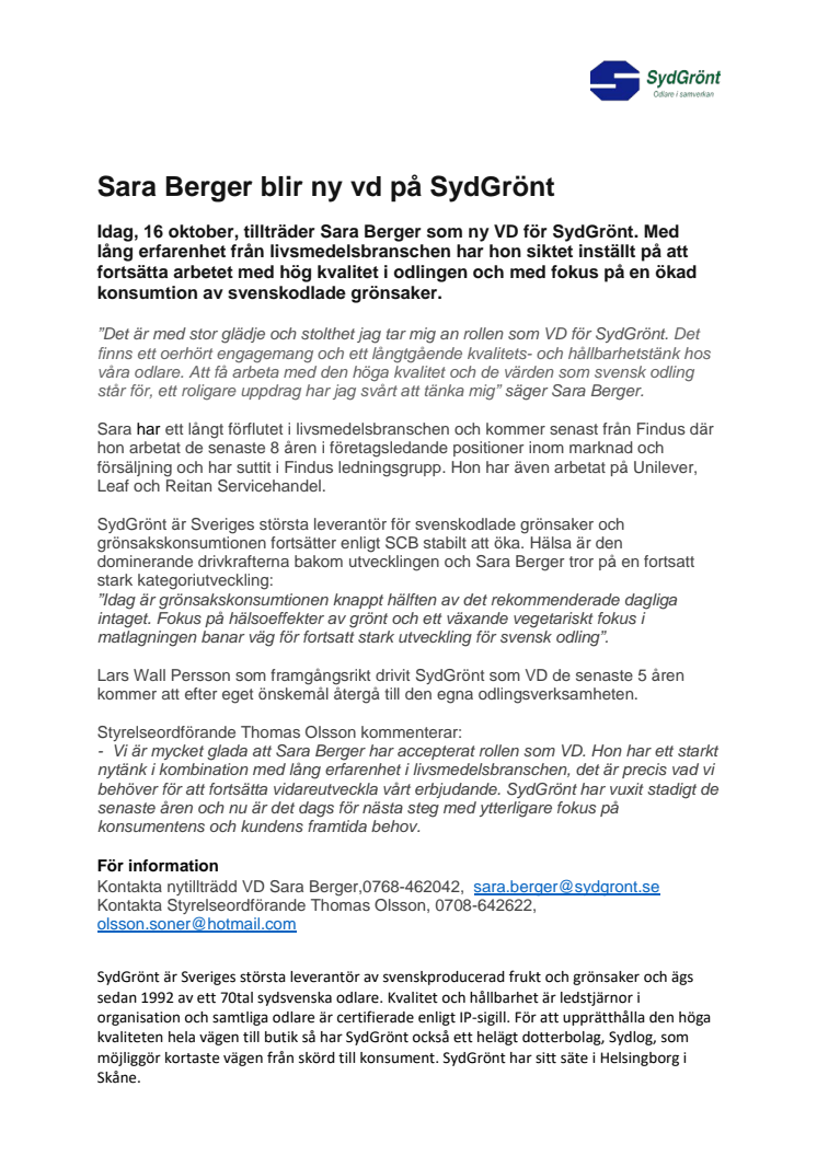 SydGrönt tillsätter ny VD, 2017-10-16