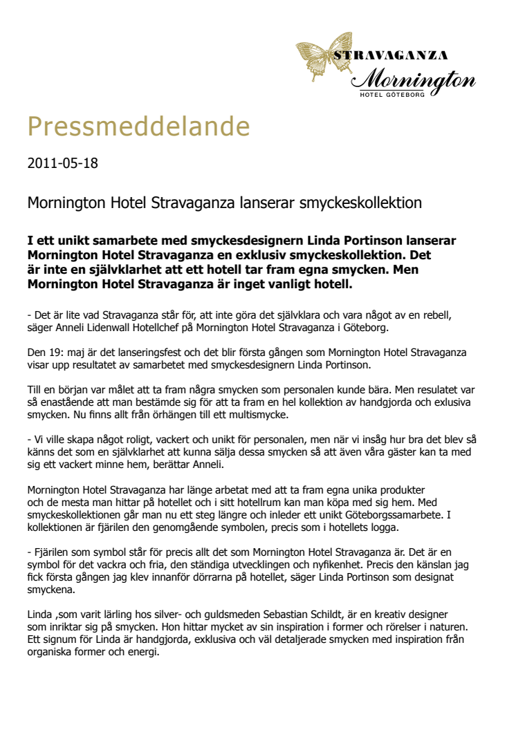 Mornington Hotel Stravaganza lanserar smyckeskollektion