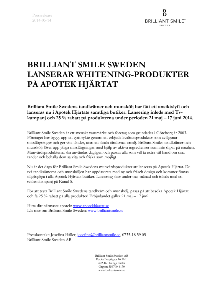 Brilliant Smile Sweden lanserar whitening-produkter på Apotek Hjärtat