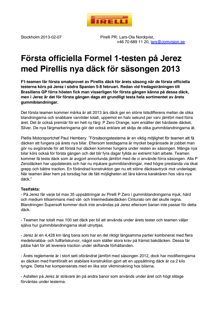 Första officiella Formel 1-testen på Jerez med Pirellis nya däck för säsongen 2013