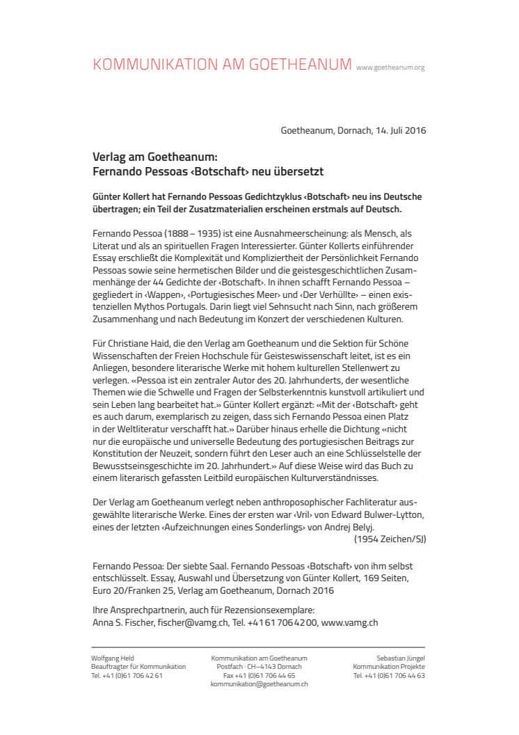 Verlag am Goetheanum: Fernando Pessoas ‹Botschaft› neu übersetzt
