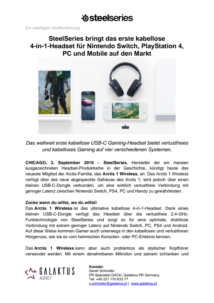 Pressemitteilung: SteelSeries bringt das erste kabellose  4-in-1-Headset für Nintendo Switch, PlayStation 4, PC und Mobile auf den Markt 