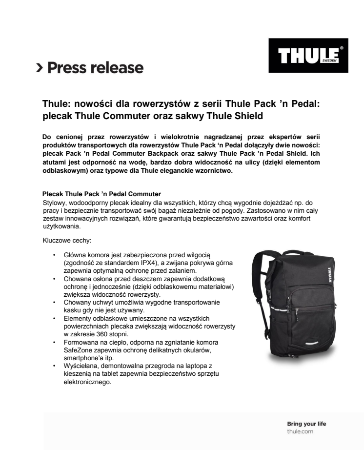 Nowości dla rowerzystów z serii Thule Pack ’n Pedal: plecak Thule Commuter oraz sakwy Thule Shield