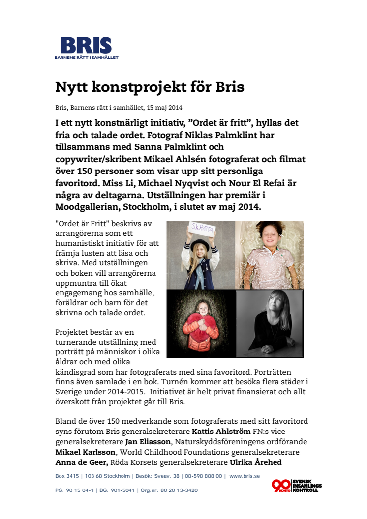 Nytt konstprojekt till förmån för Bris