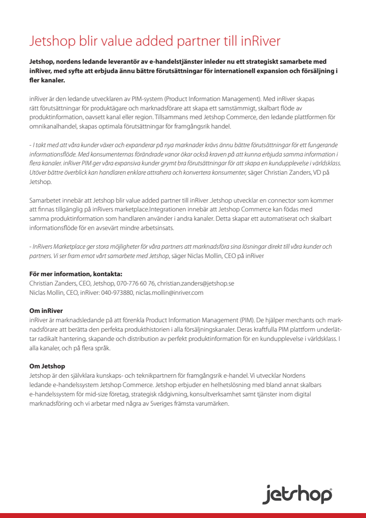 ​Jetshop blir value added partner till inRiver