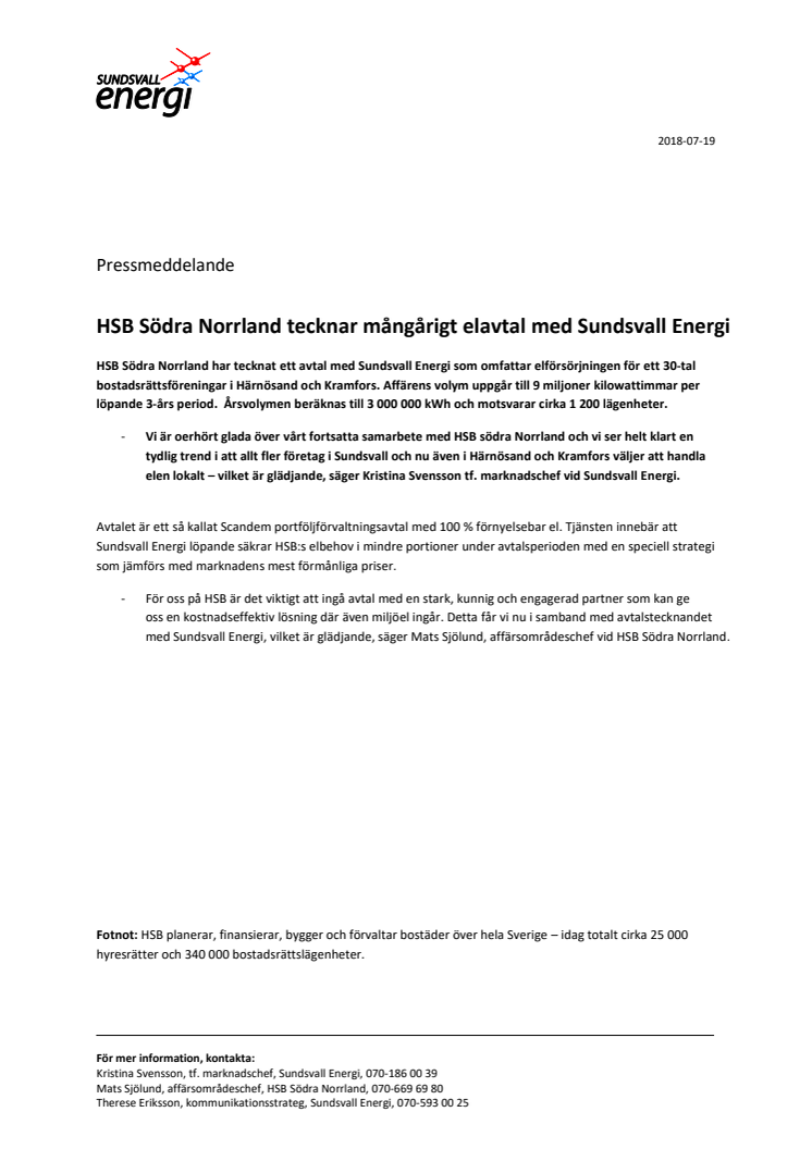 HSB Södra Norrland tecknar mångårigt elavtal med Sundsvall Energi