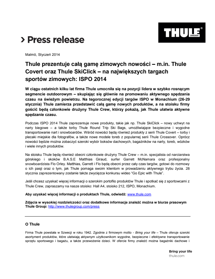Thule prezentuje całą gamę zimowych nowości – m.in. Thule Covert oraz Thule SkiClick – na największych targach sportów zimowych: ISPO 2014
