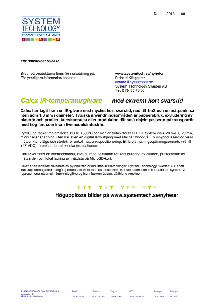 Calex IR-temperaturgivare – med extremt kort svarstid