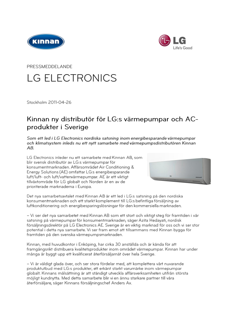 Kinnan ny distributör för LG:s värmepumpar och AC-produkter i Sverige