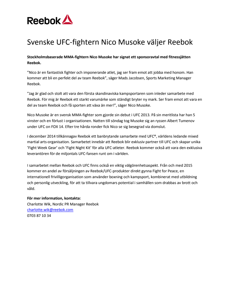 Svenske UFC-fightern Nico Musoke väljer Reebok 