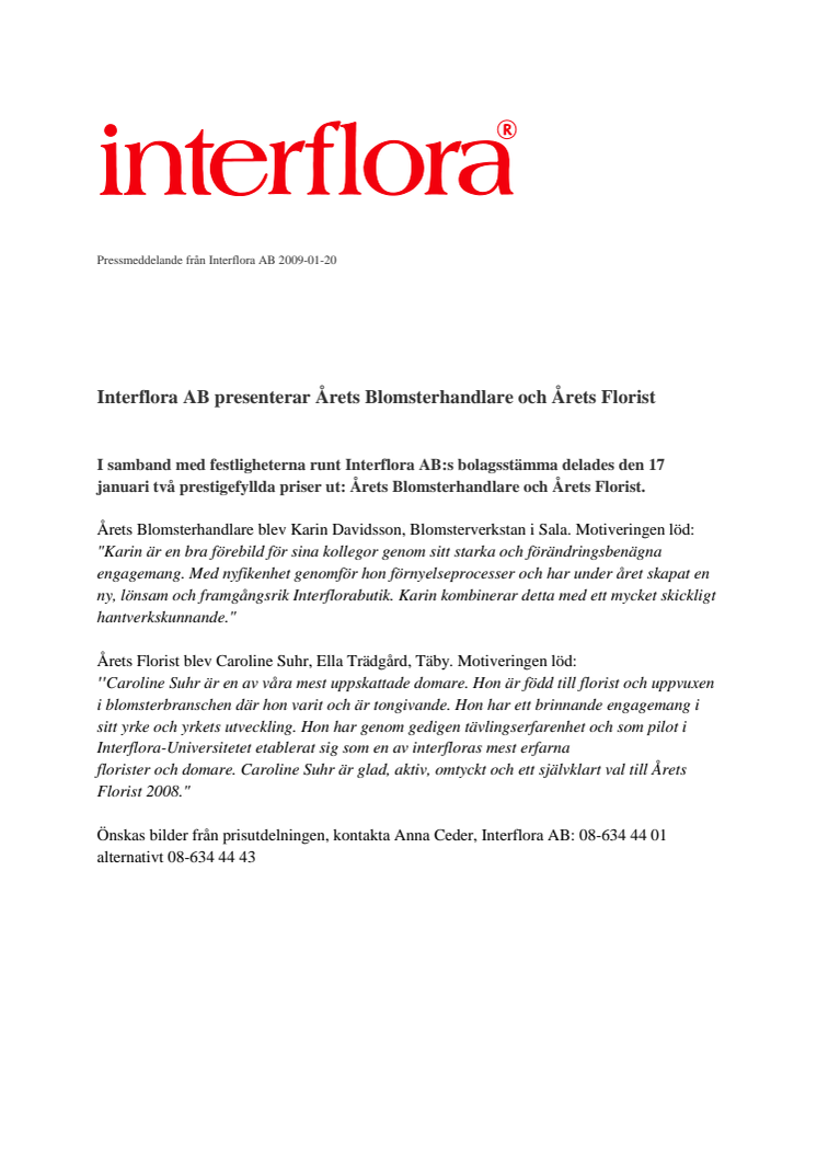 Interflora AB presenterar Årets Blomsterhandlare och Årets Florist