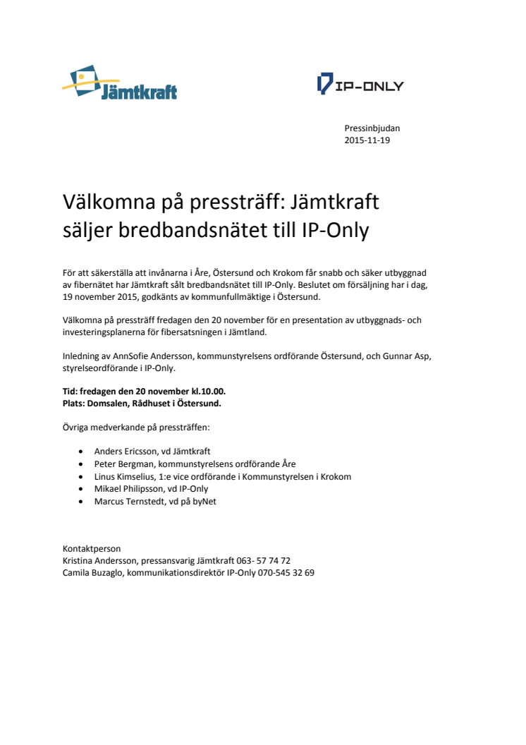 Välkomna på pressträff: Jämtkraft säljer bredbandsnätet till IP-Only