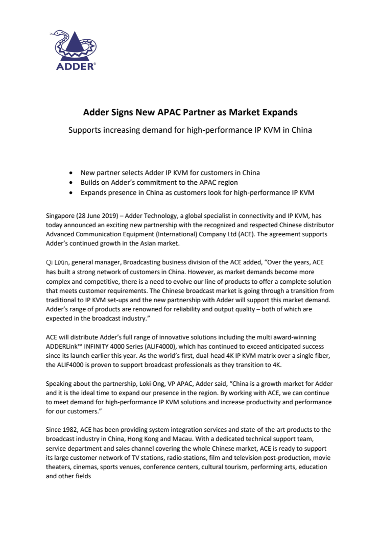 Adder Signs New APAC Partner as Market Expands