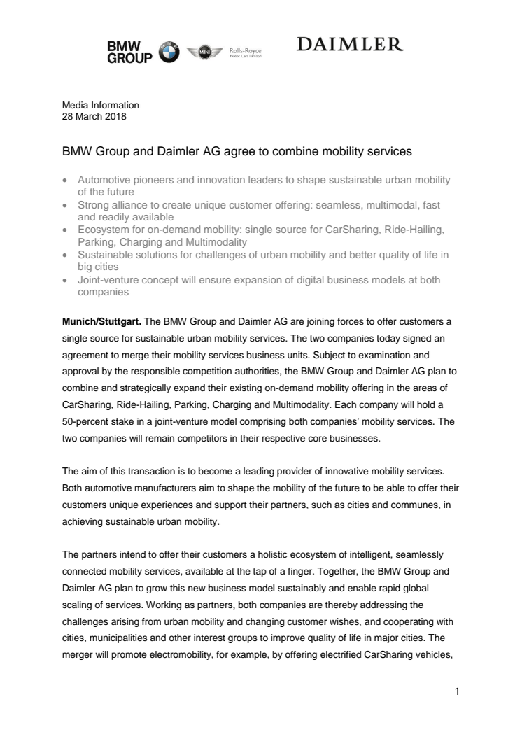 BMW Group and Daimler AG agree to combine mobility services