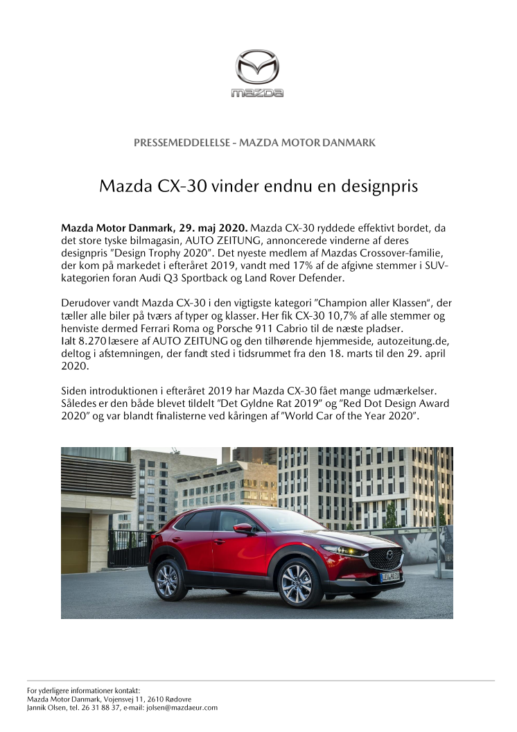 Mazda CX-30 vinder endnu en designpris