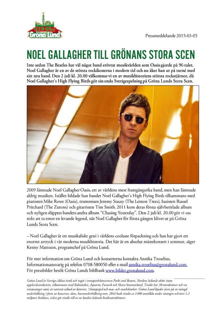 Noel Gallagher till Grönans Stora Scen