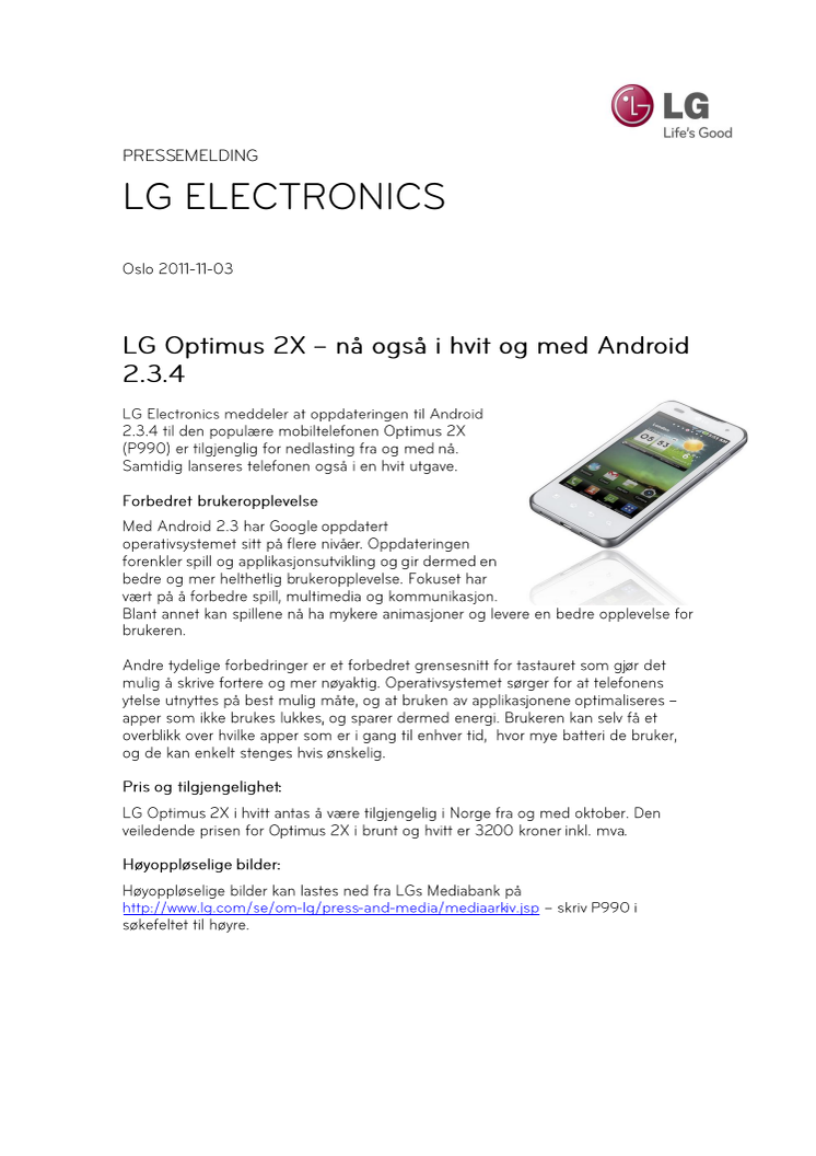 LG Optimus 2X – nå også i hvit og med Android 2.3.4