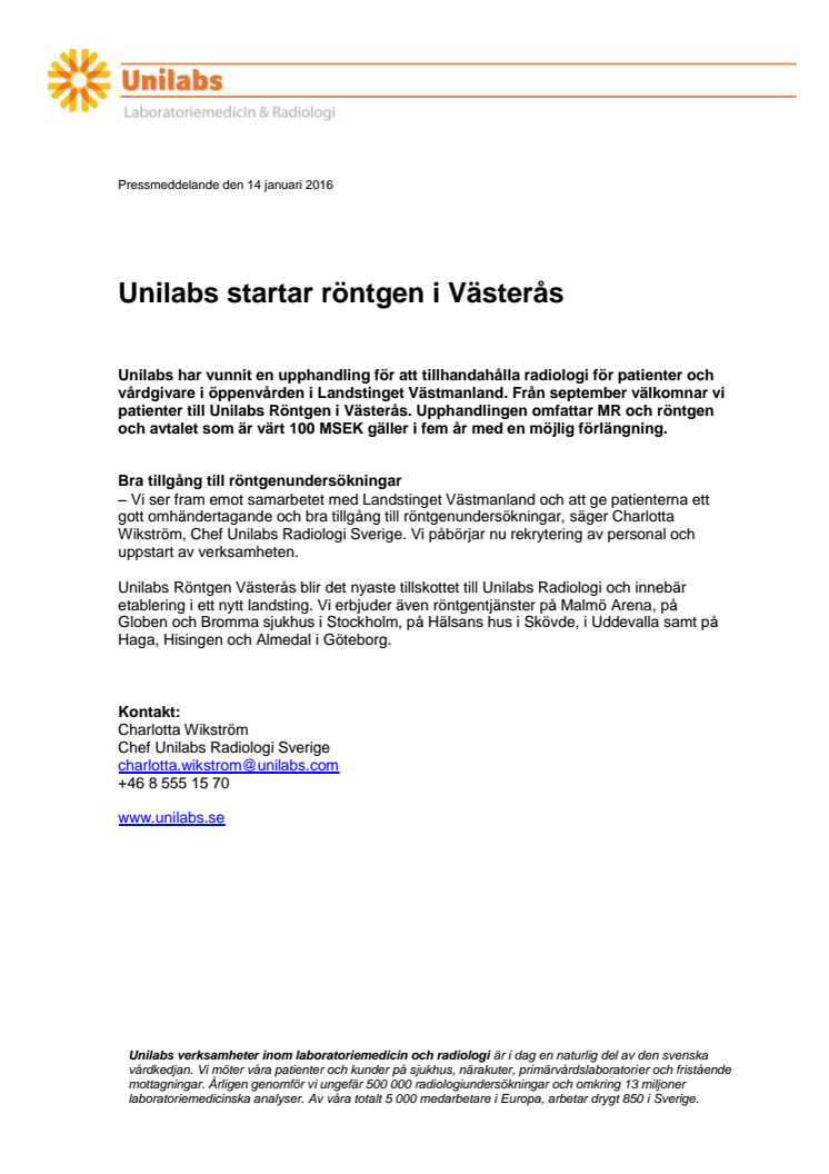 ​Unilabs startar röntgen i Västerås