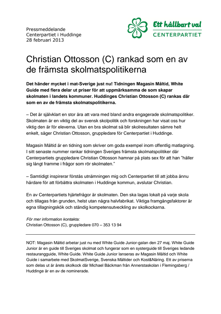 Christian Ottosson (C) rankad som en av de främsta skolmatspolitikerna