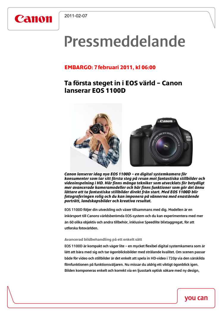 Ta första steget in i EOS värld – Canon lanserar EOS 1100D
