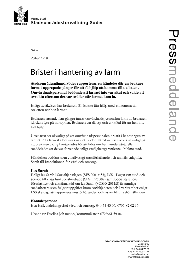Brister i hantering av larm