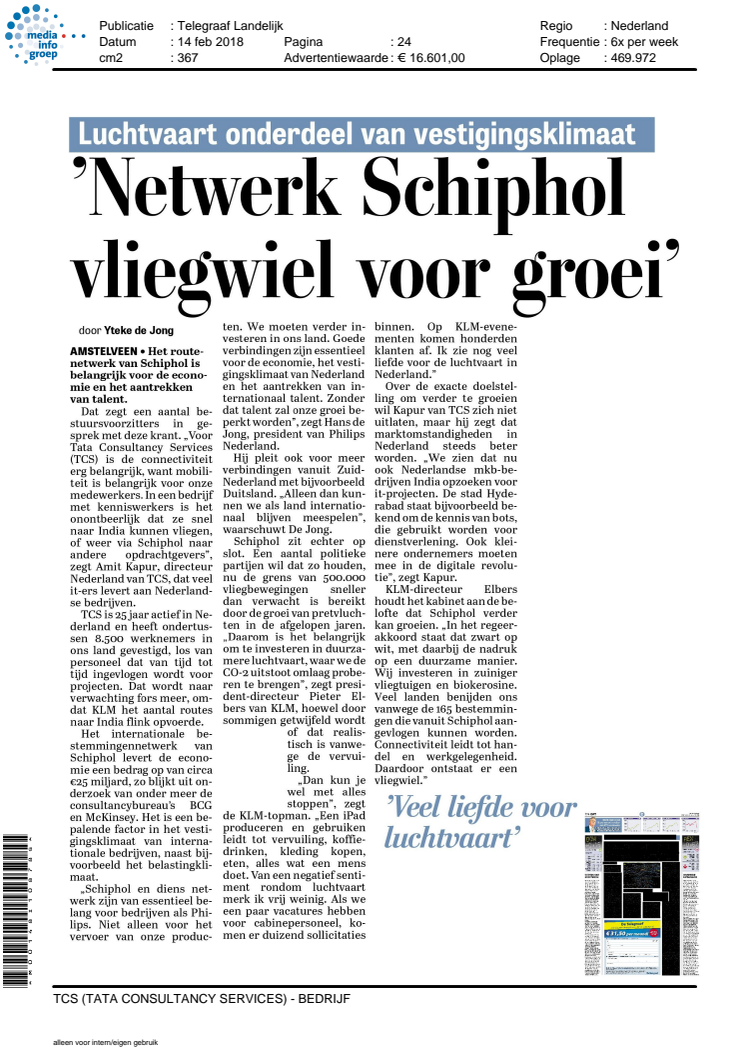 De Telegraaf: 'Netwerk Schiphol vliegwiel voor groei'