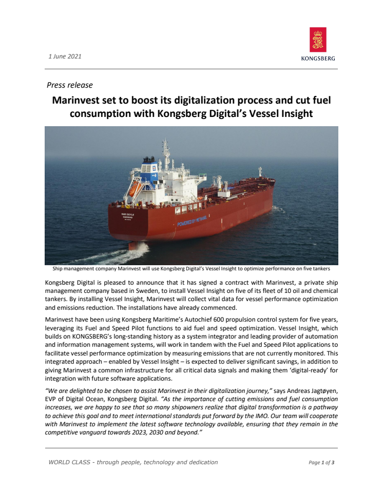 Marinvest set to boost its digitalization process and cut fuel consumption with Kongsberg Digital’s Vessel Insight