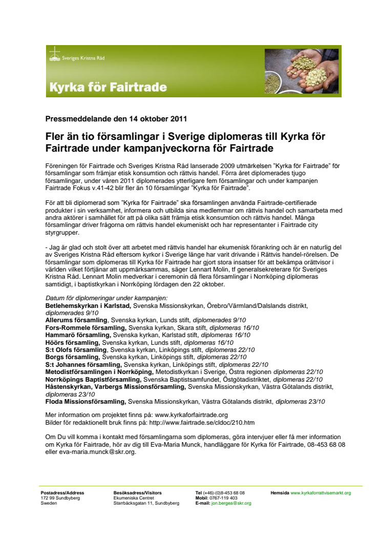 Fler än tio församlingar i Sverige diplomeras till Kyrka för Fairtrade under kampanjveckorna för Fairtrade
