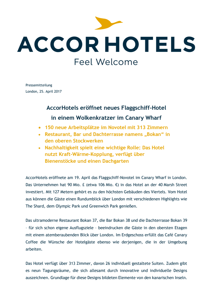 AccorHotels eröffnet neues Flaggschiff-Hotel  in einem Wolkenkratzer im Canary Wharf