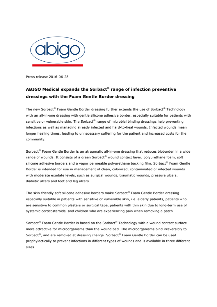 ABIGO Medical expands the Sorbact® range of infection preventive dressings with the Foam Gentle Border dressing
