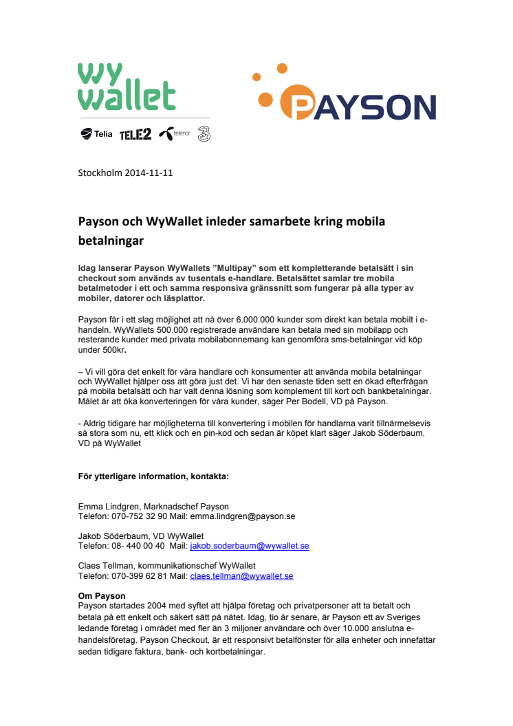 Payson och WyWallet inleder samarbete kring mobila betalningar