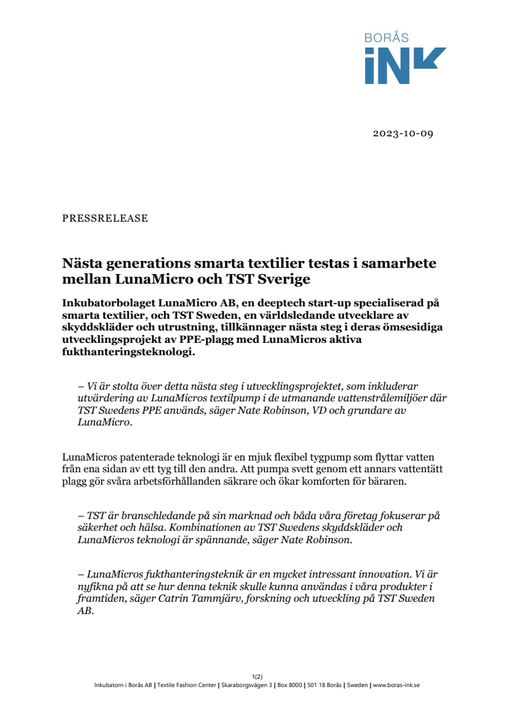 PM - Nästa generations smarta textilier testas i samarbete mellan LunaMicro och TST Sverige.pdf