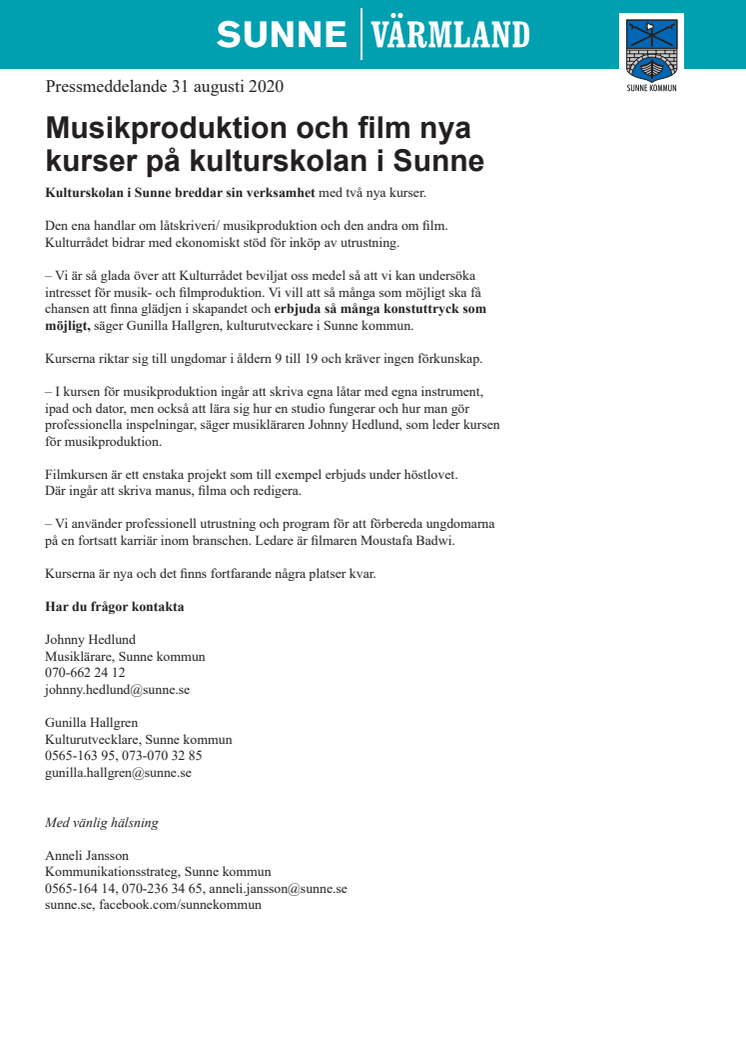 Musikproduktion och film nya kurser på kulturskolan i Sunne