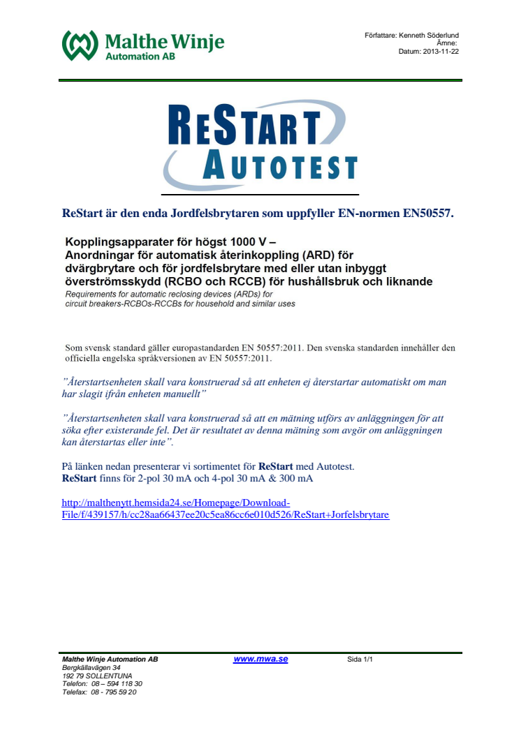 ReStart Jordfelsbrytare uppfyller EN50557