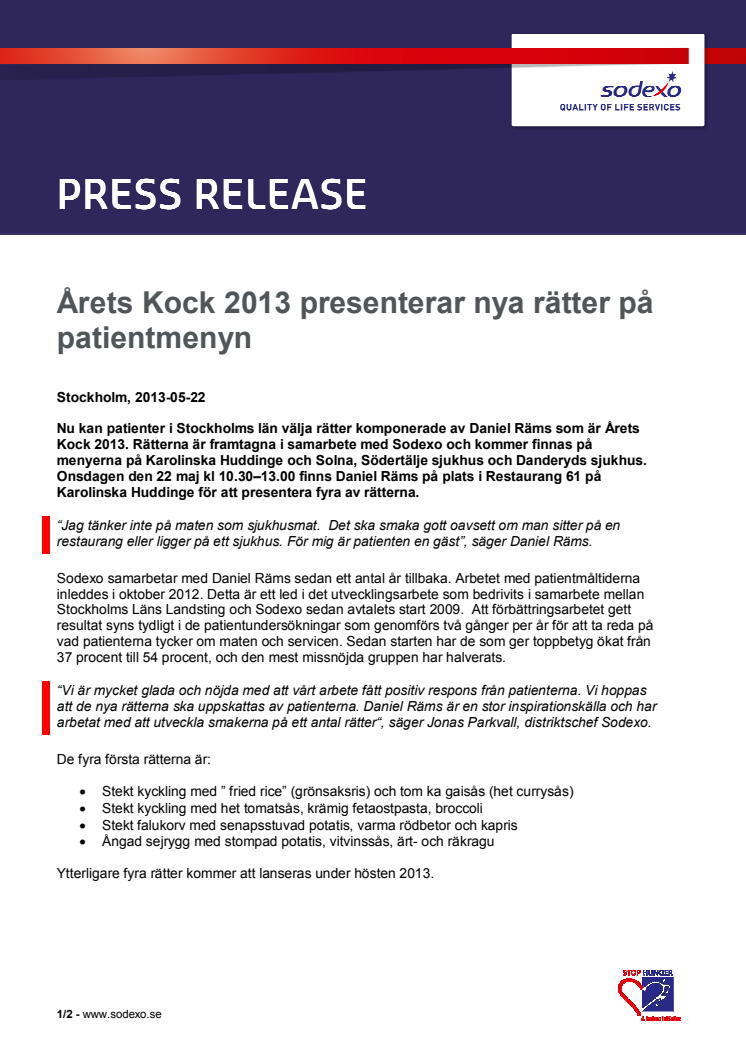 Årets Kock 2013 presenterar nya rätter på patientmenyn