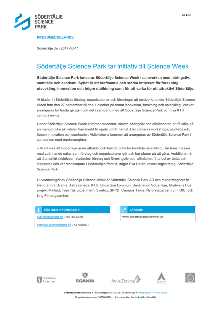 Södertälje Science Park tar initiativ till Science Week